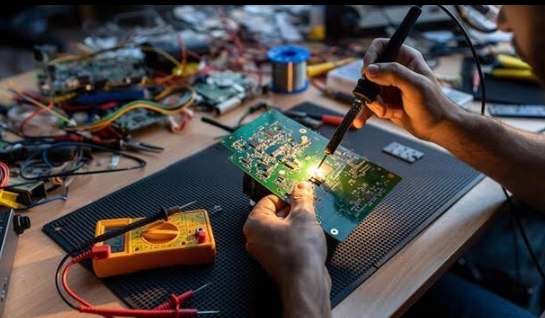 Skilled technician soldering a circuit board at the Fix Squad workbench